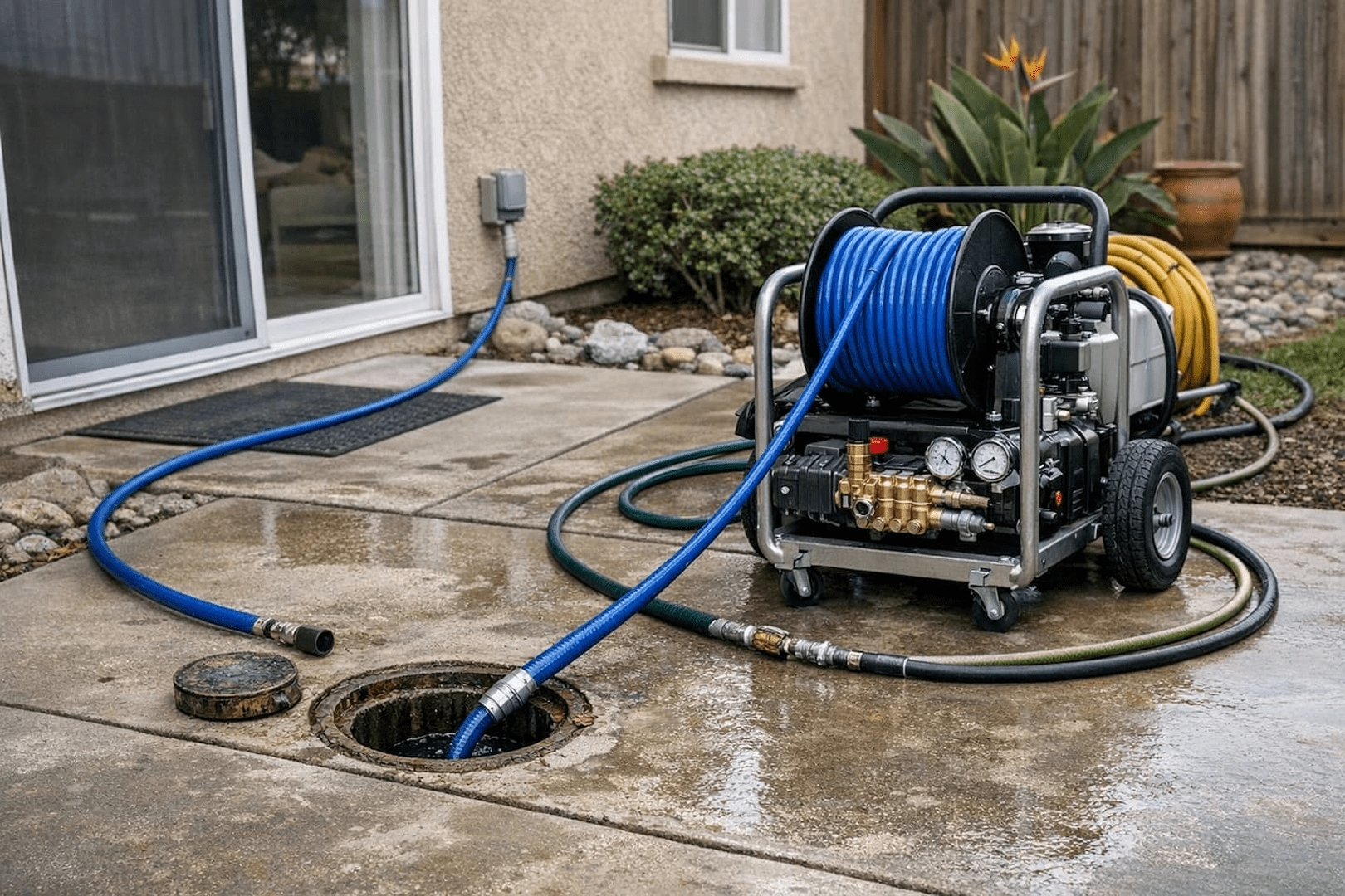 Drain cleaning machine with blue hose