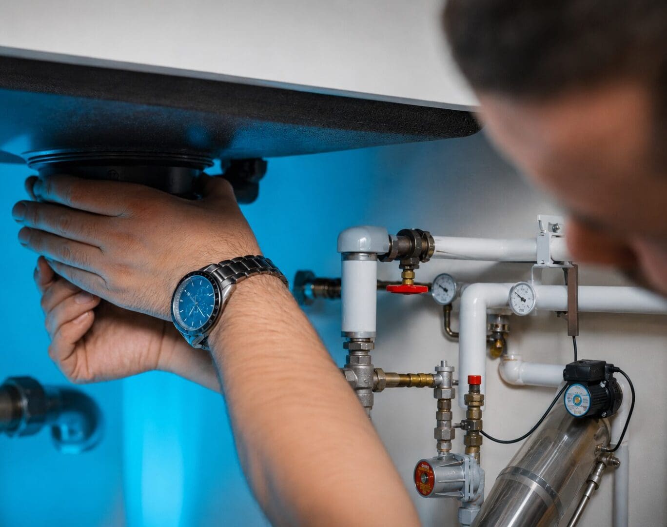 Plumber fixing sink plumbing under counter