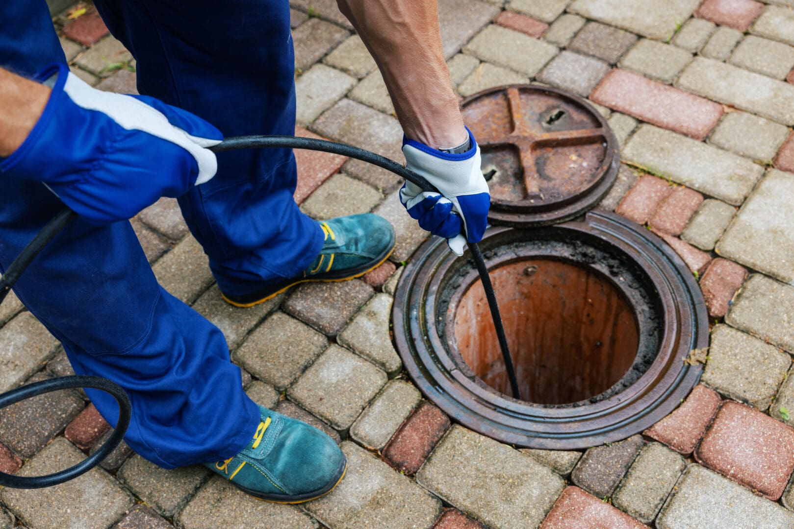 Worker inserting drain-cleaning cable into manhole