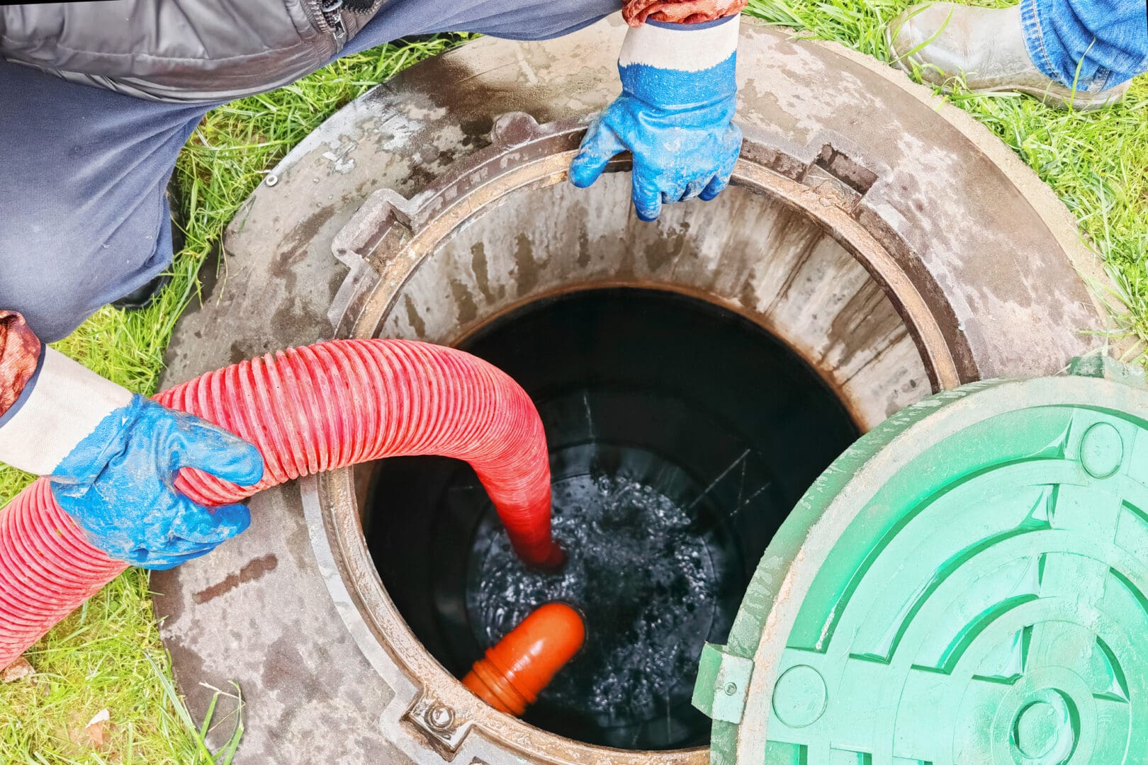 Workers pumping water from open manhole