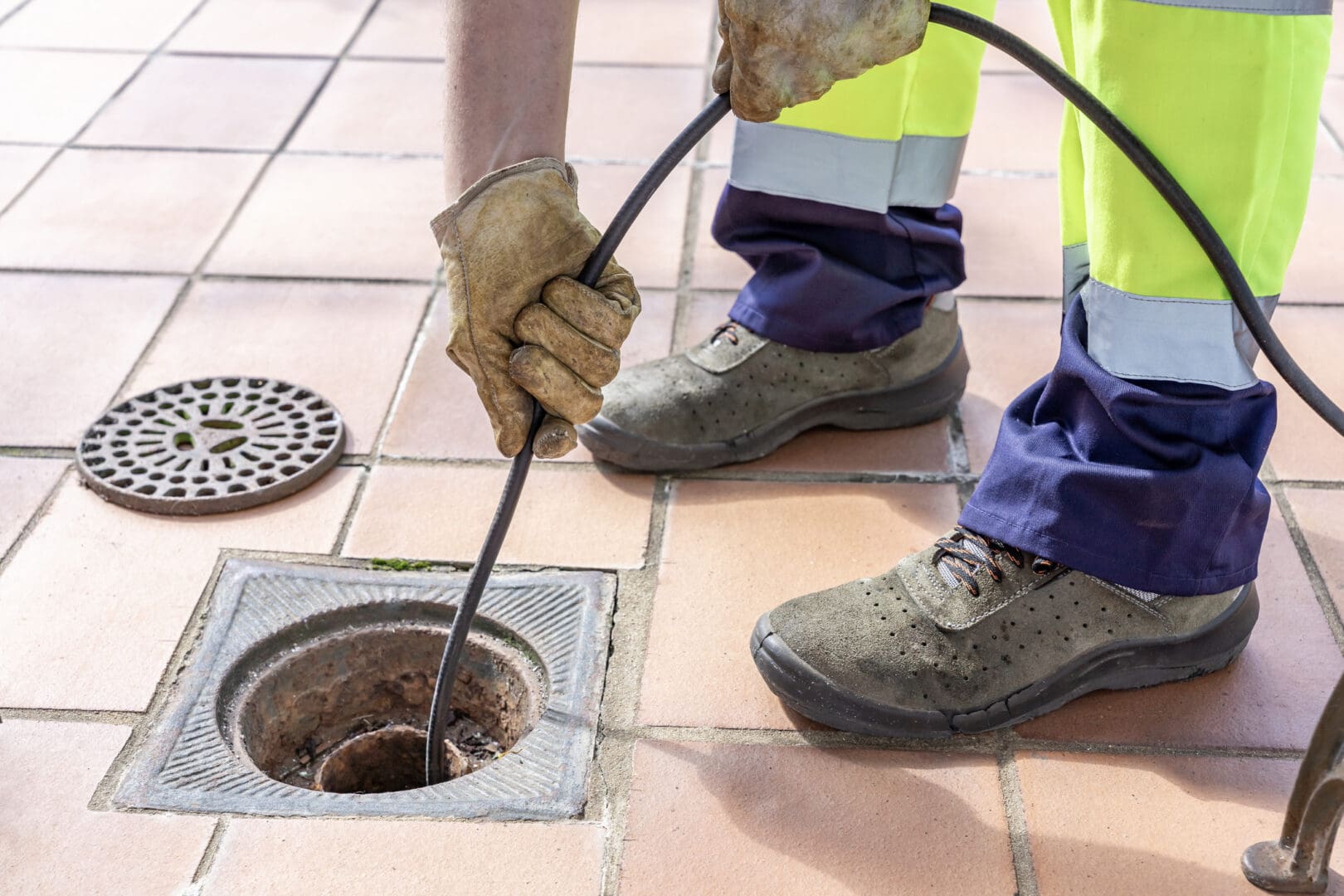 Worker cleaning tiled floor drain with drain snake
