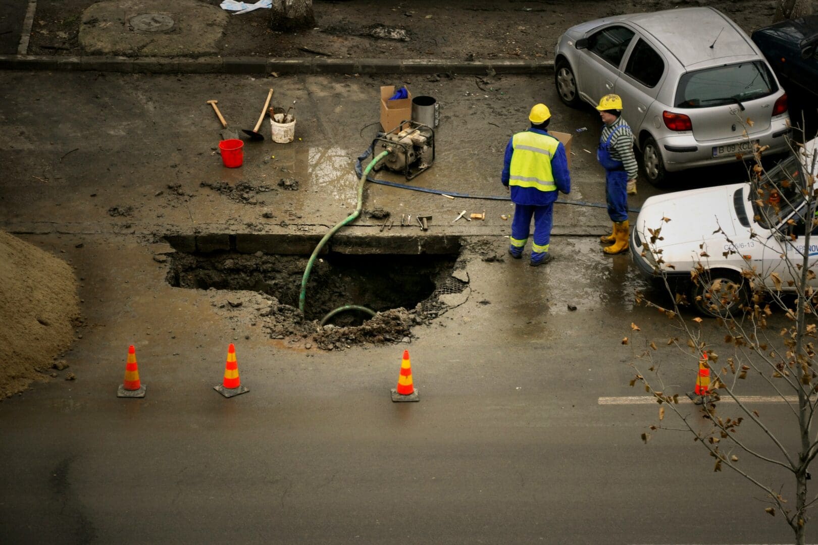 Roadwork scene with construction workers